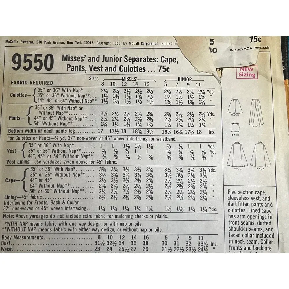 McCalls 9550 pattern top pants short cape 1970s size 5